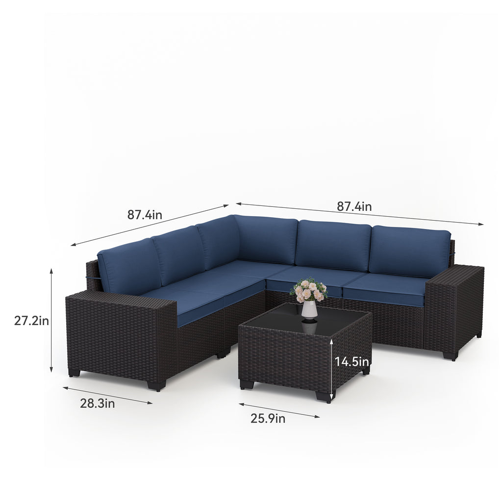 Kullavik Modern Outdoor Wicker Sofa Set PE Rattan Sectional 6 Pieces Patio Furniture - Brown All-Weather Conversation Set for Porch, Pool Deck, Garden Lounge