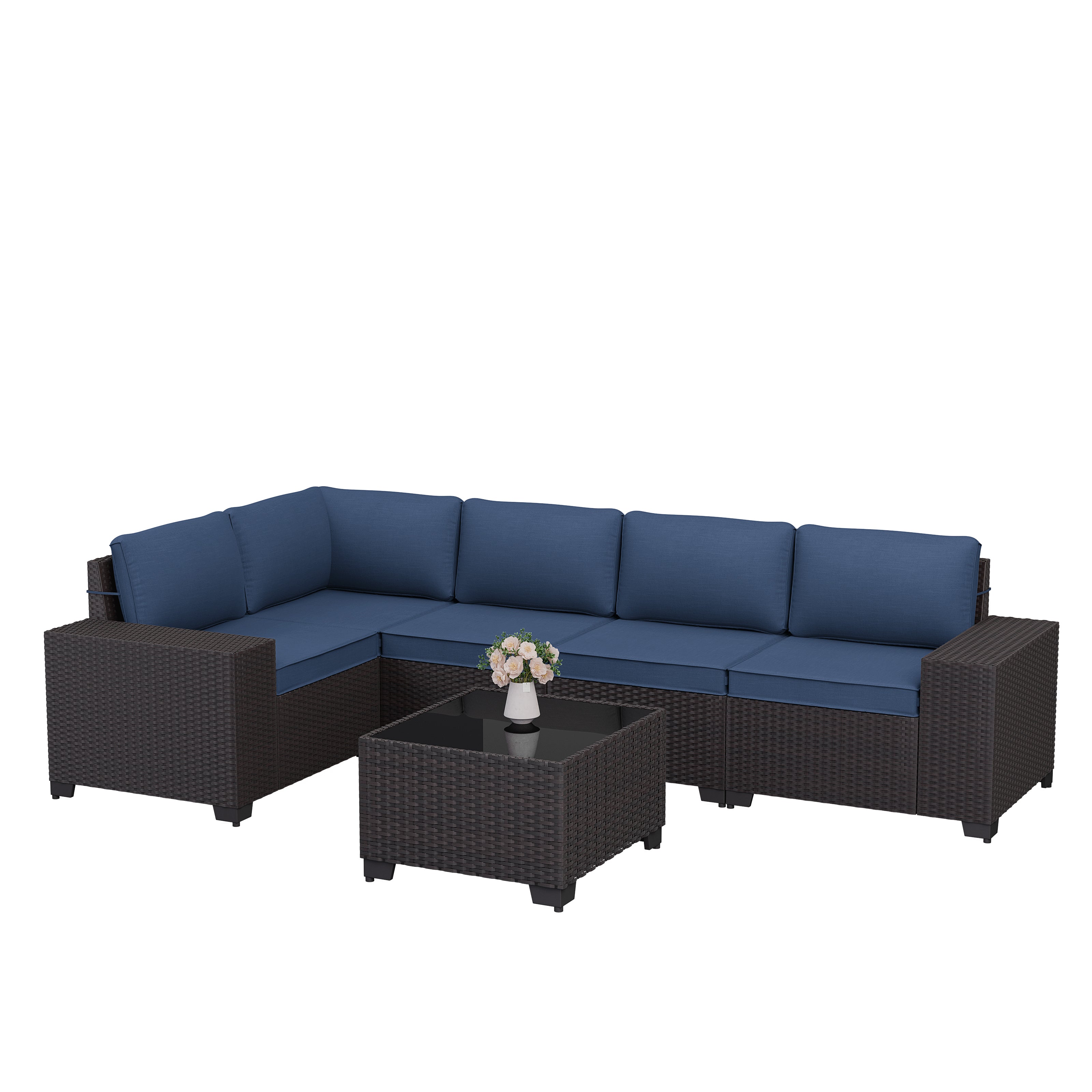 Kullavik Modern Outdoor Wicker Sofa Set PE Rattan Sectional 6 Pieces Patio Furniture - Brown All-Weather Conversation Set for Porch, Pool Deck, Garden Lounge