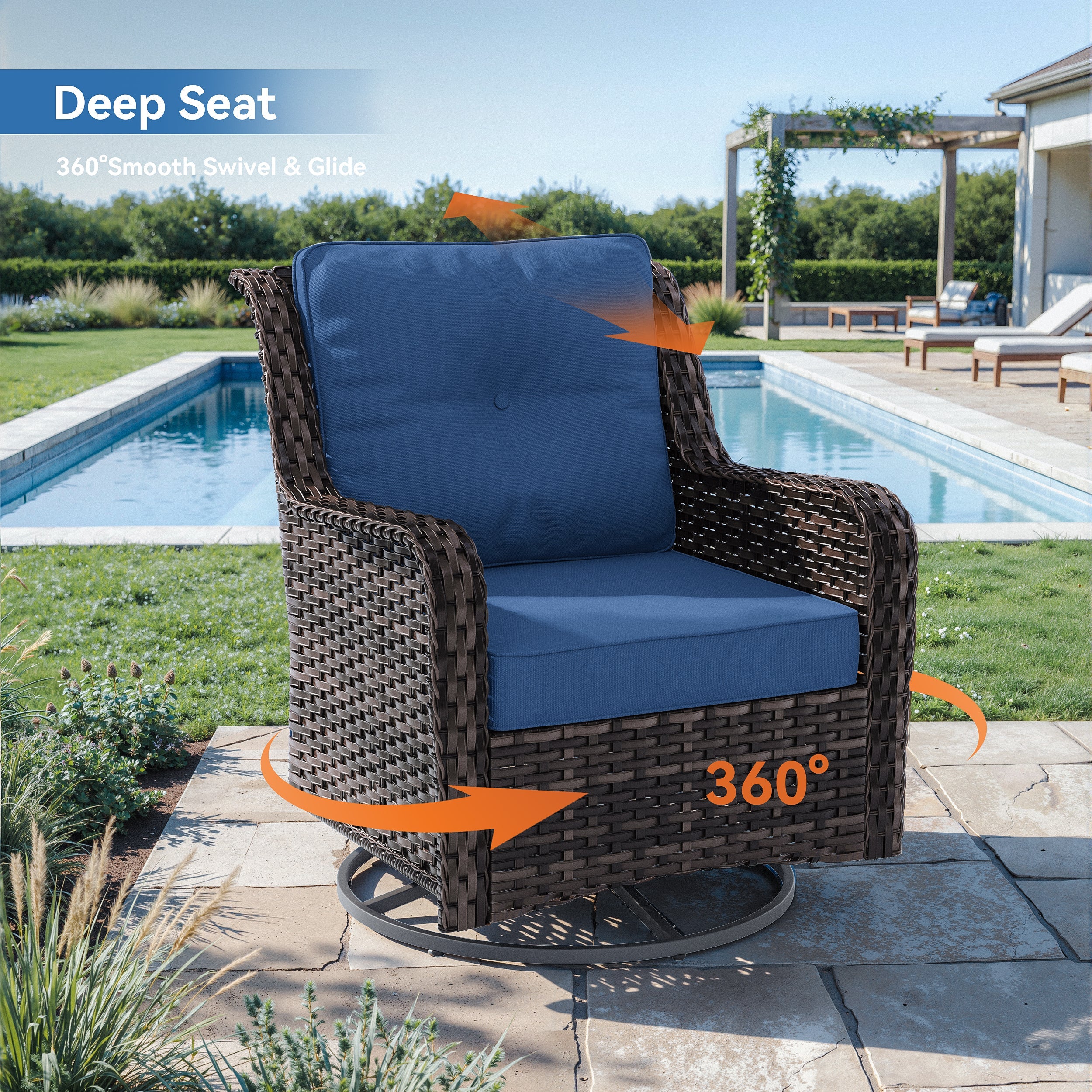 Gotland 7-Piece Outdoor Patio Furniture Set, 3-Seat Sofa, 2 Wicker Swivel Chairs, coffee Table, 2 Ottomans & Wicker Fire Pit Table, All-Weather Outdoor Set