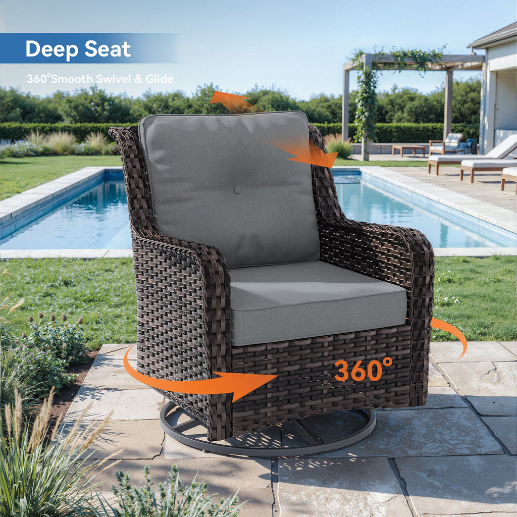 Gotland 7-Piece Outdoor Patio Furniture Set, 3-Seat Sofa, 2 Wicker Swivel Chairs, coffee Table, 2 Ottomans & Wicker Fire Pit Table, All-Weather Outdoor Set