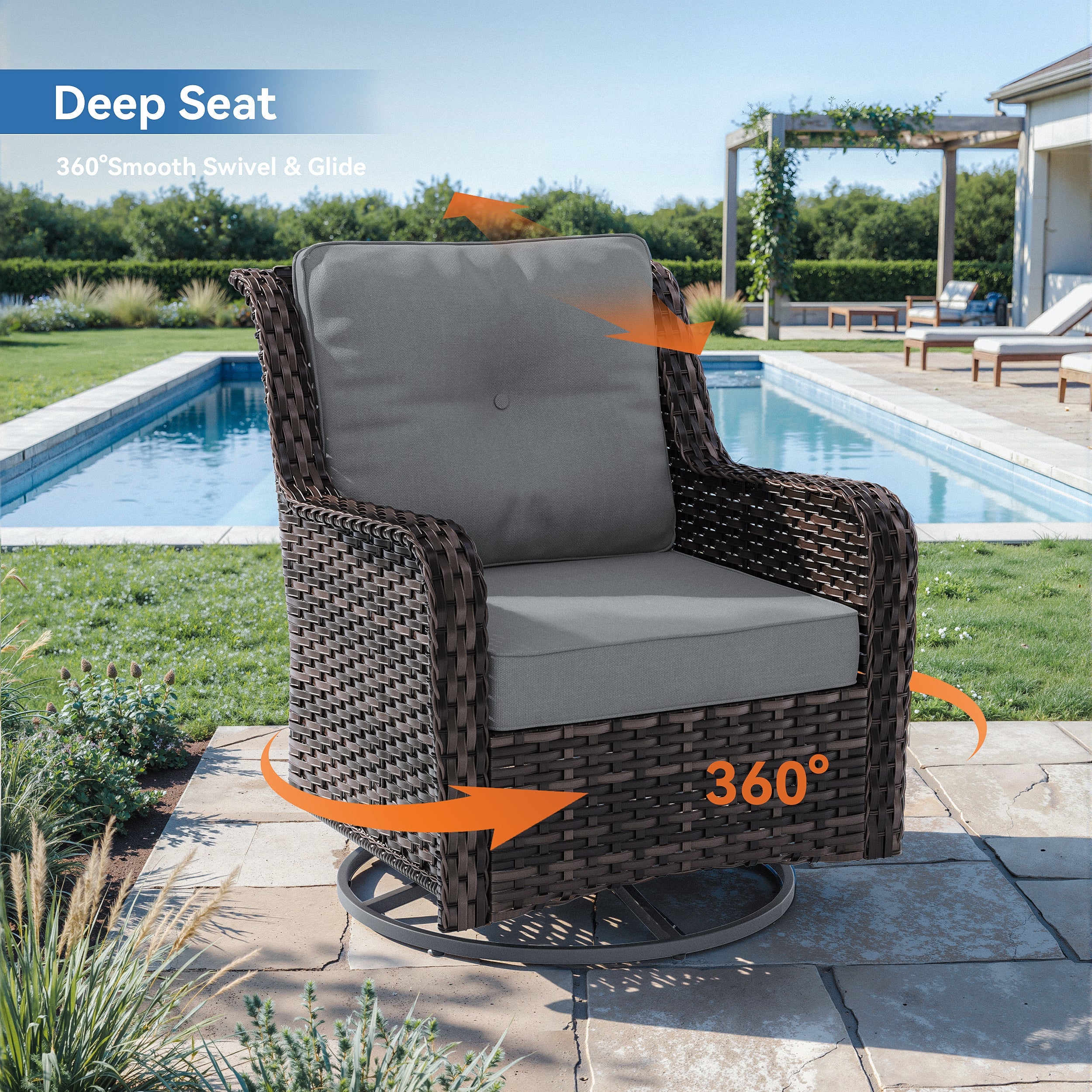 Gotland 7-Piece Outdoor Patio Furniture Set, 3-Seat Sofa, 2 Wicker Swivel Chairs, coffee Table, 2 Ottomans & Wicker Fire Pit Table, All-Weather Outdoor Set