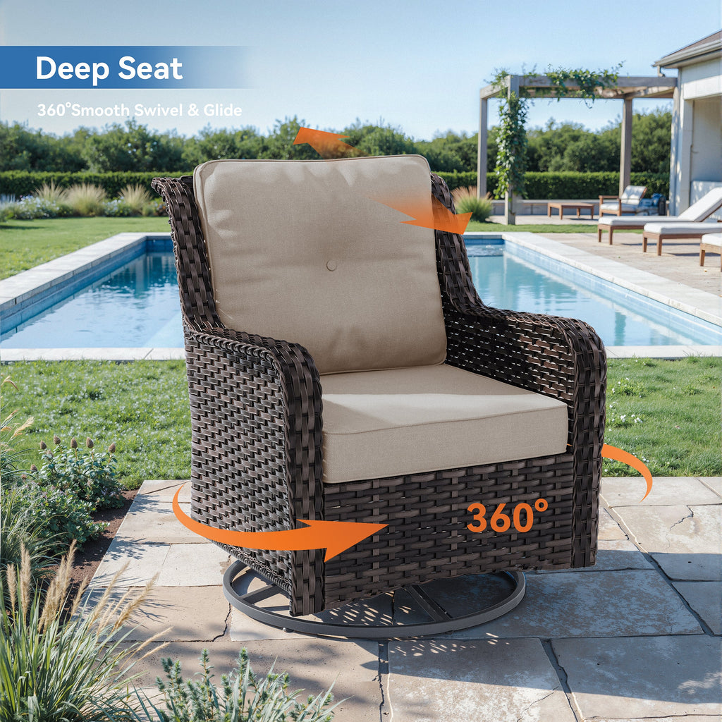 Gotland 7-Piece Outdoor Patio Furniture Set, 3-Seat Sofa, 2 Wicker Swivel Chairs, coffee Table, 2 Ottomans & Wicker Fire Pit Table, All-Weather Outdoor Set