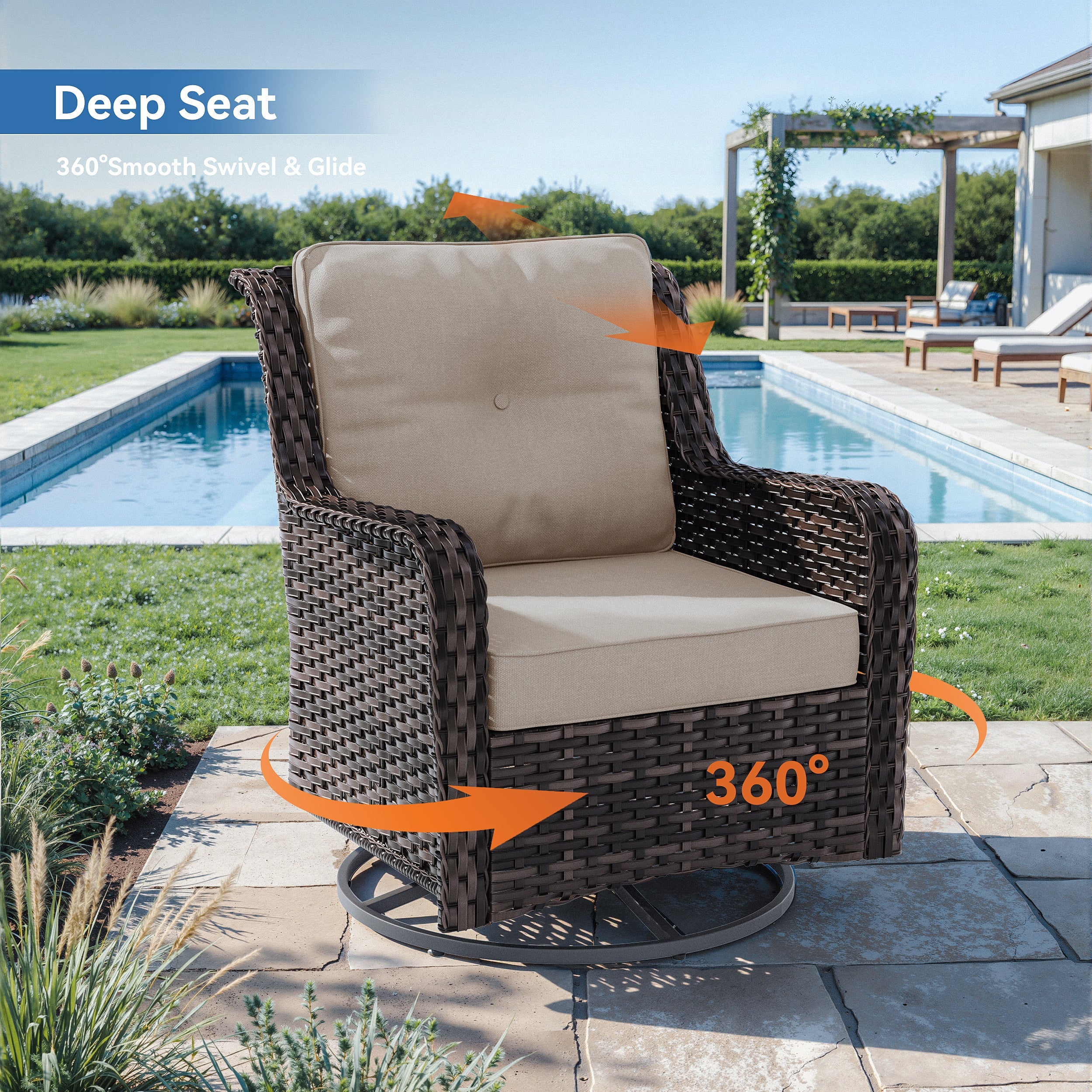 Gotland 7-Piece Outdoor Patio Furniture Set, 3-Seat Sofa, 2 Wicker Swivel Chairs, coffee Table, 2 Ottomans & Wicker Fire Pit Table, All-Weather Outdoor Set