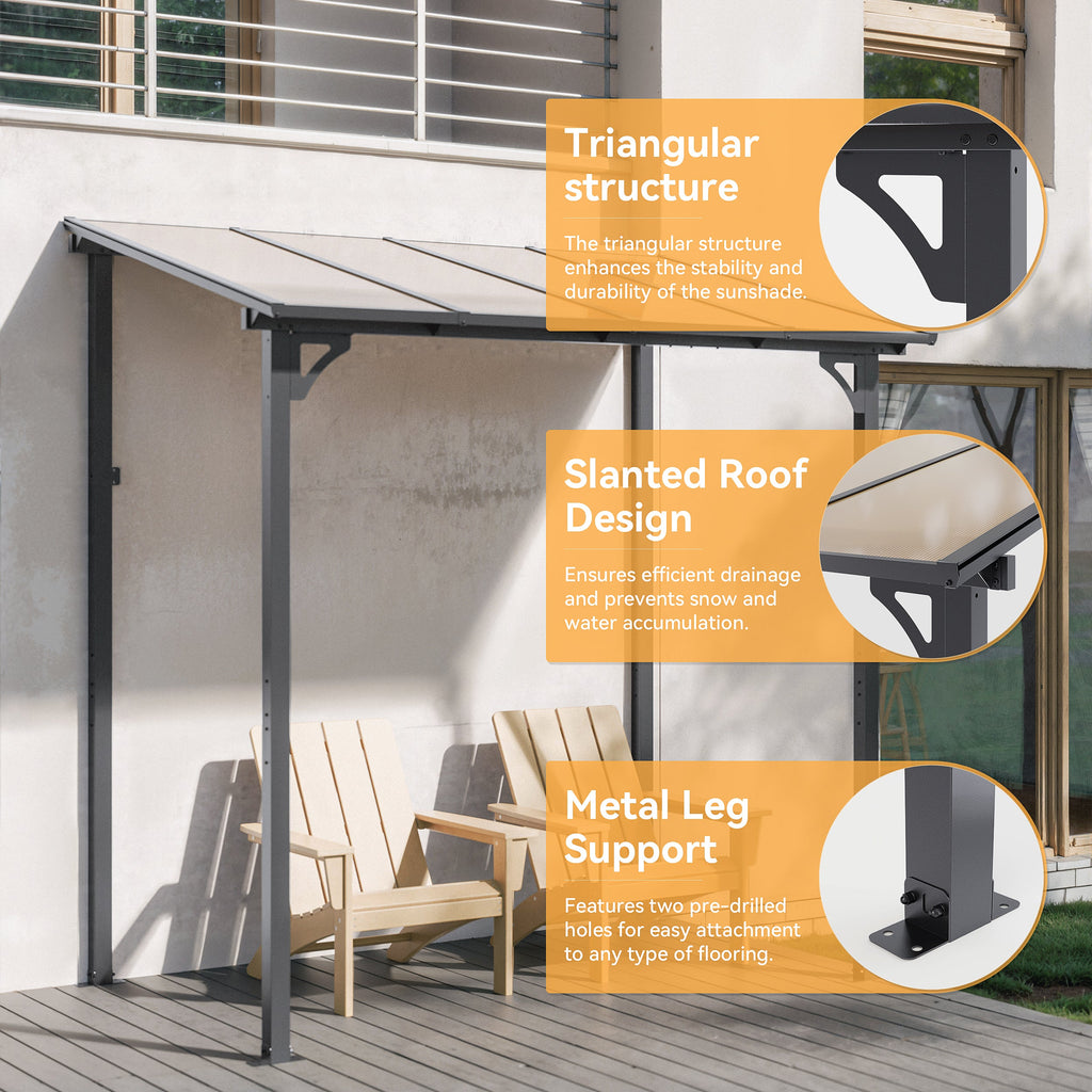 Gotland 5 FT x 8 FT Pergola, Lean to Gazebo with Ground Anchor Sturdy Structure, Outdoor Gazebo with Sloped Roof, Galvanized Steel Metal Pergola, Wall Mounted Gazebo for Backyard Deck