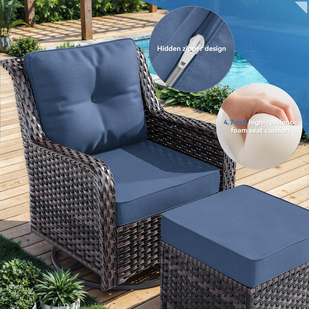 Gotland 7-Piece Outdoor Patio Furniture Set, 3-Seat Sofa, 2 Wicker Swivel Chairs, coffee Table, 2 Ottomans & Wicker Fire Pit Table, All-Weather Outdoor Set