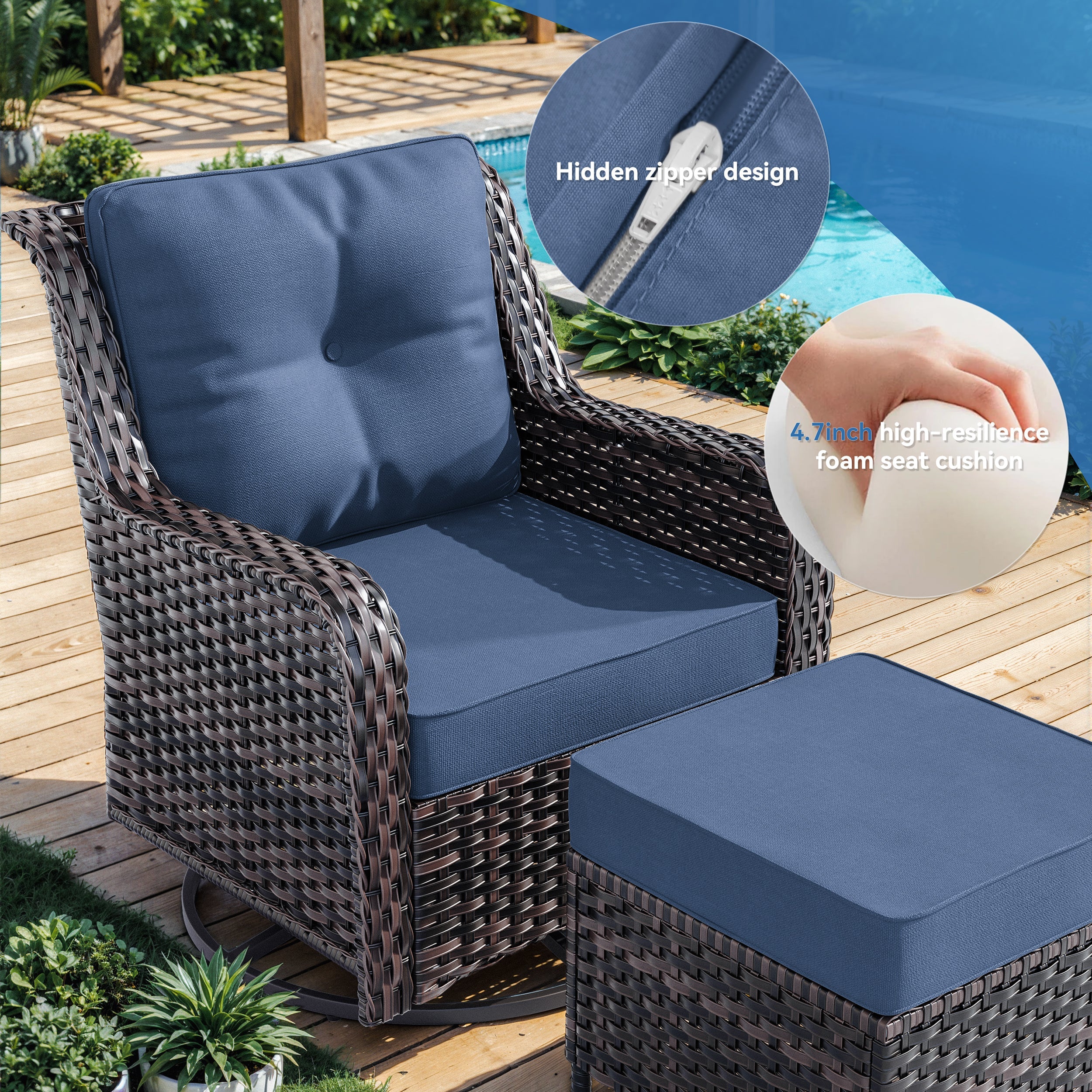 Gotland 7-Piece Outdoor Patio Furniture Set, 3-Seat Sofa, 2 Wicker Swivel Chairs, coffee Table, 2 Ottomans & Wicker Fire Pit Table, All-Weather Outdoor Set