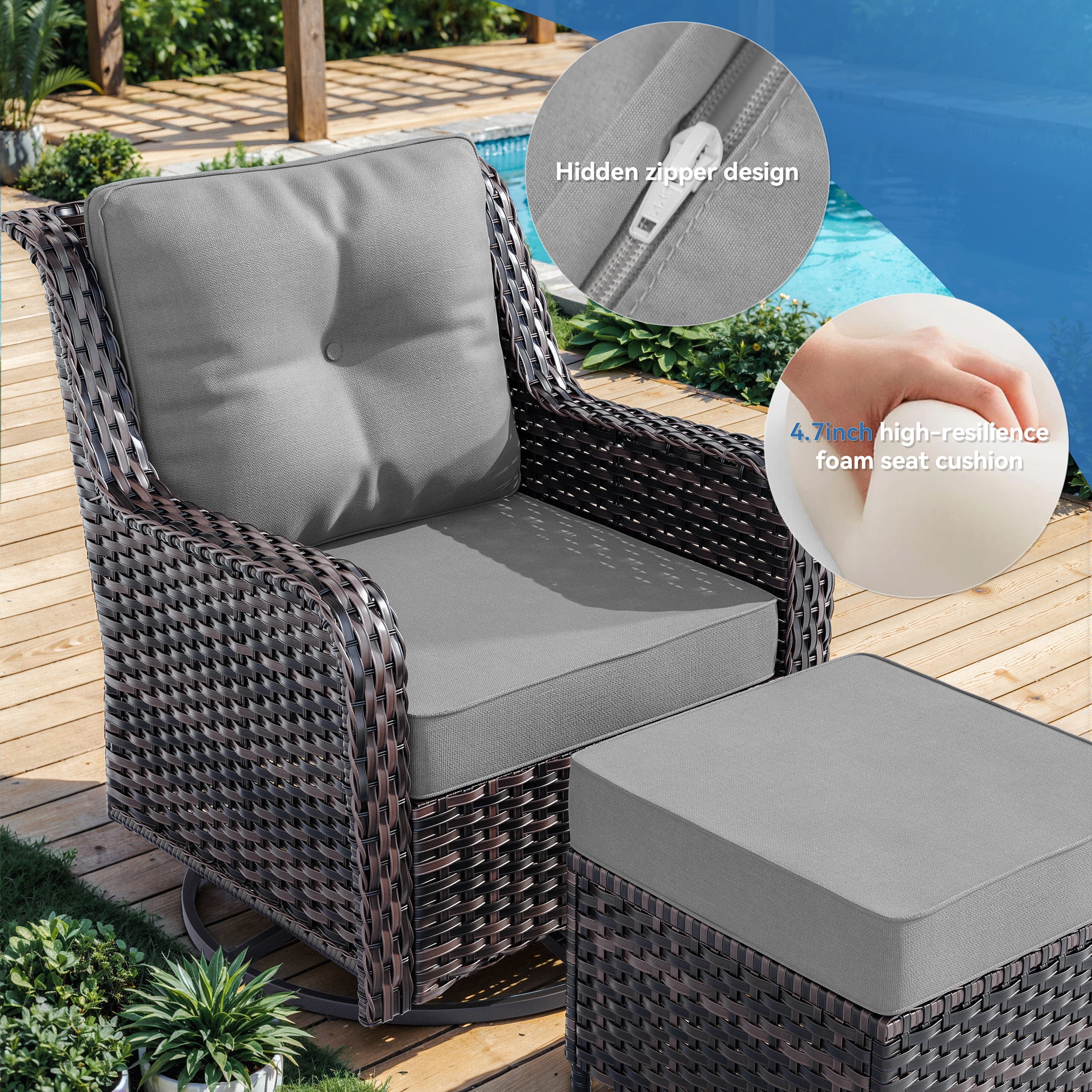 Gotland 7-Piece Outdoor Patio Furniture Set, 3-Seat Sofa, 2 Wicker Swivel Chairs, coffee Table, 2 Ottomans & Wicker Fire Pit Table, All-Weather Outdoor Set