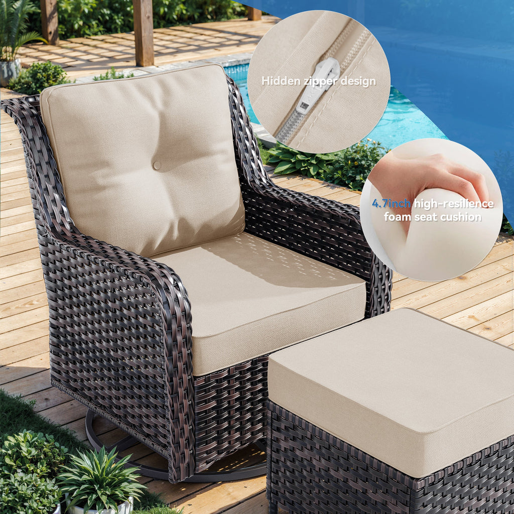 Gotland 7-Piece Outdoor Patio Furniture Set, 3-Seat Sofa, 2 Wicker Swivel Chairs, coffee Table, 2 Ottomans & Wicker Fire Pit Table, All-Weather Outdoor Set