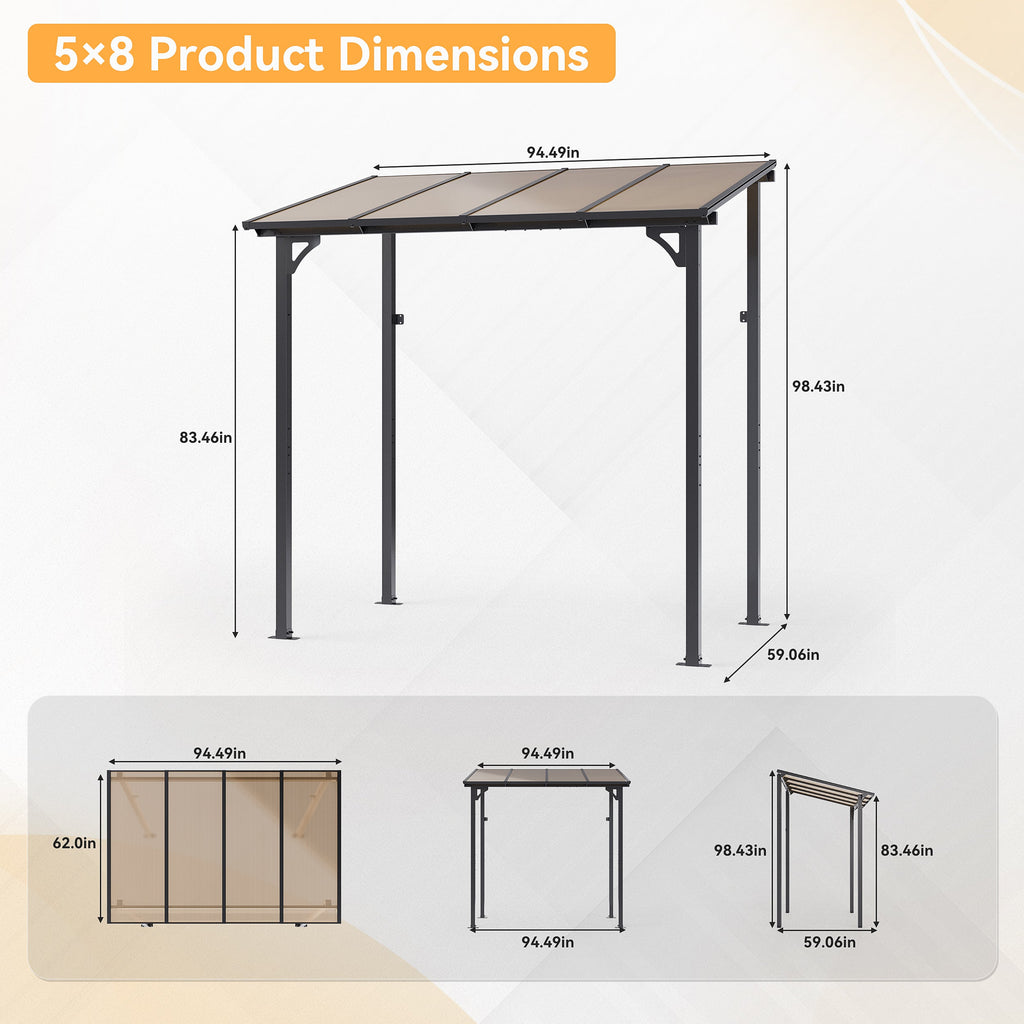 Gotland 5 FT x 8 FT Pergola, Lean to Gazebo with Ground Anchor Sturdy Structure, Outdoor Gazebo with Sloped Roof, Galvanized Steel Metal Pergola, Wall Mounted Gazebo for Backyard Deck