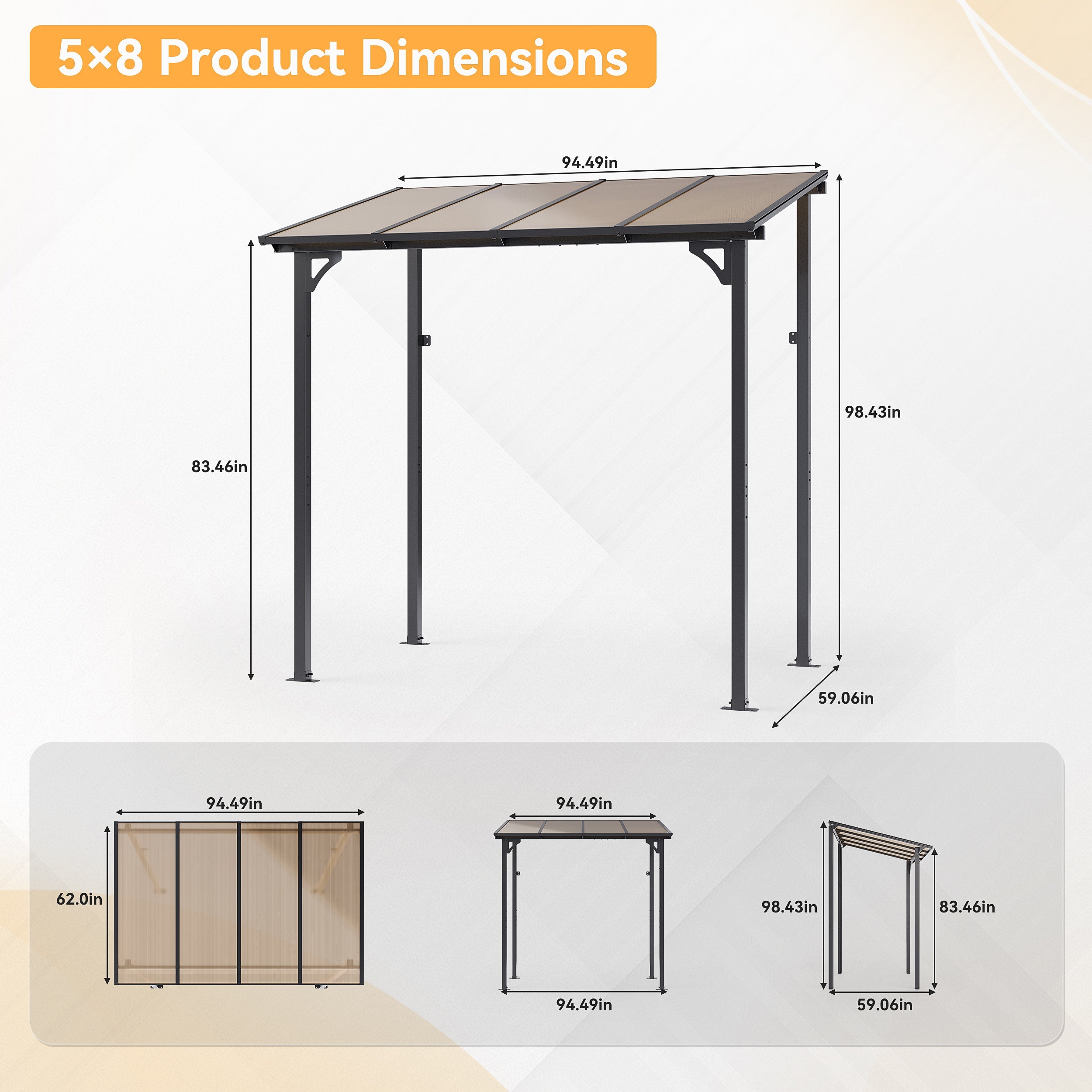 Gotland 5 FT x 8 FT Pergola, Lean to Gazebo with Ground Anchor Sturdy Structure, Outdoor Gazebo with Sloped Roof, Galvanized Steel Metal Pergola, Wall Mounted Gazebo for Backyard Deck