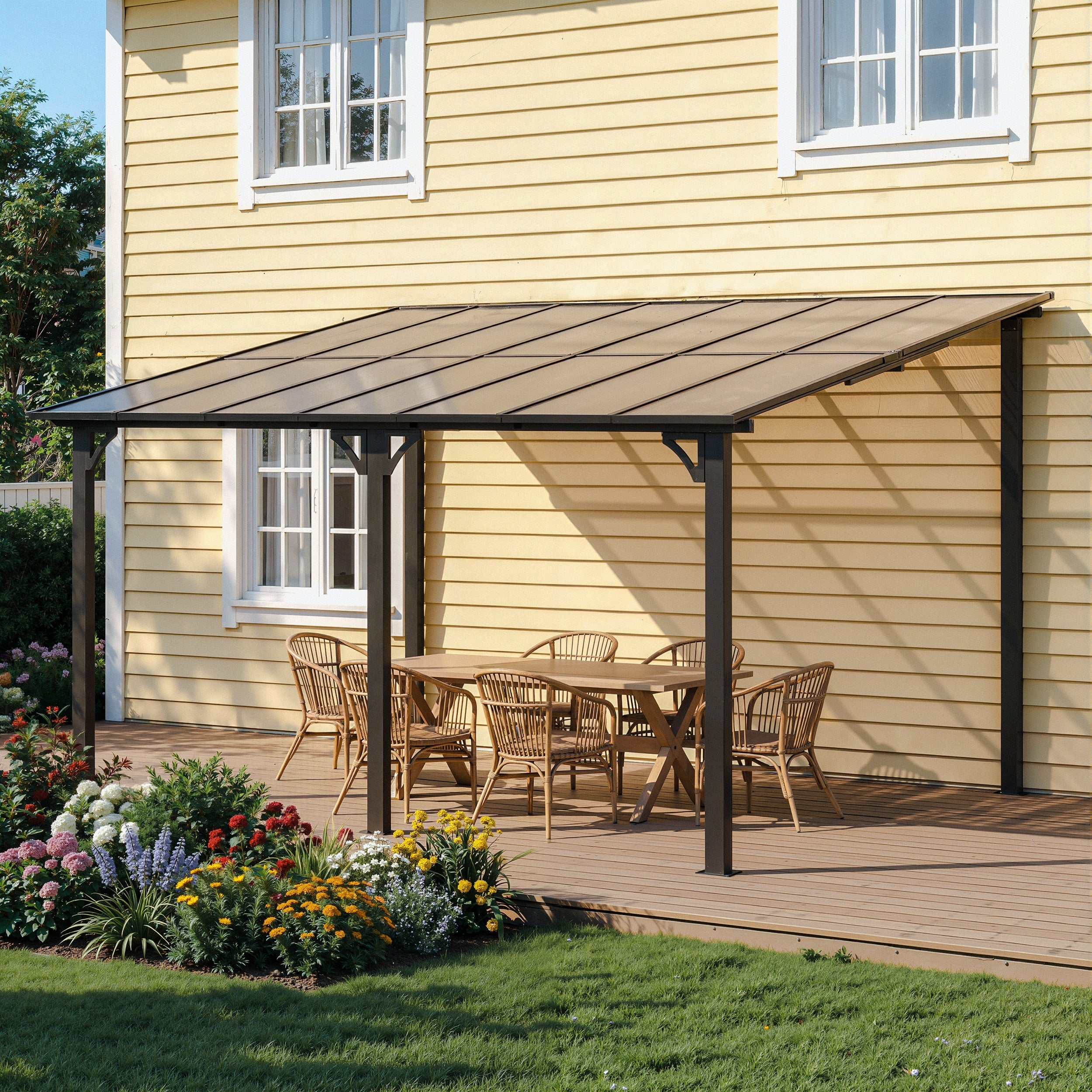 Gotland 5 FT x 8 FT Pergola, Lean to Gazebo with Ground Anchor Sturdy Structure, Outdoor Gazebo with Sloped Roof, Galvanized Steel Metal Pergola, Wall Mounted Gazebo for Backyard Deck