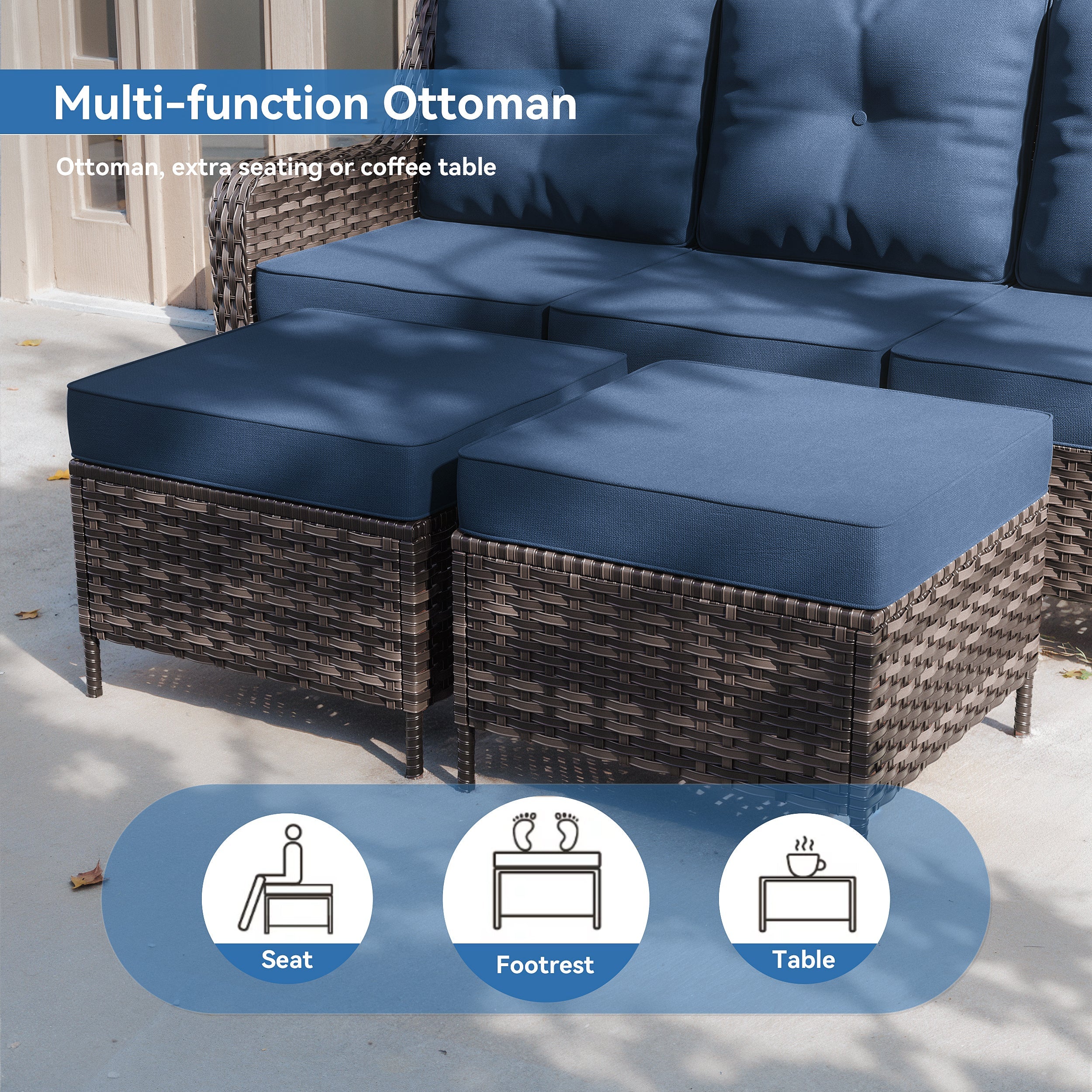Gotland 7-Piece Outdoor Patio Furniture Set, 3-Seat Sofa, 2 Wicker Swivel Chairs, coffee Table, 2 Ottomans & Wicker Fire Pit Table, All-Weather Outdoor Set