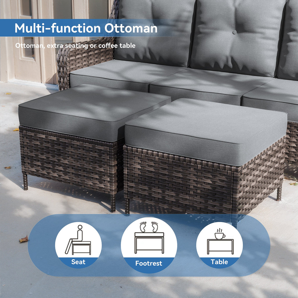 Gotland 7-Piece Outdoor Patio Furniture Set, 3-Seat Sofa, 2 Wicker Swivel Chairs, coffee Table, 2 Ottomans & Wicker Fire Pit Table, All-Weather Outdoor Set