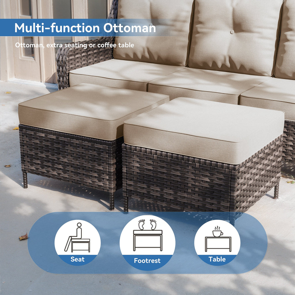Gotland 7-Piece Outdoor Patio Furniture Set, 3-Seat Sofa, 2 Wicker Swivel Chairs, coffee Table, 2 Ottomans & Wicker Fire Pit Table, All-Weather Outdoor Set