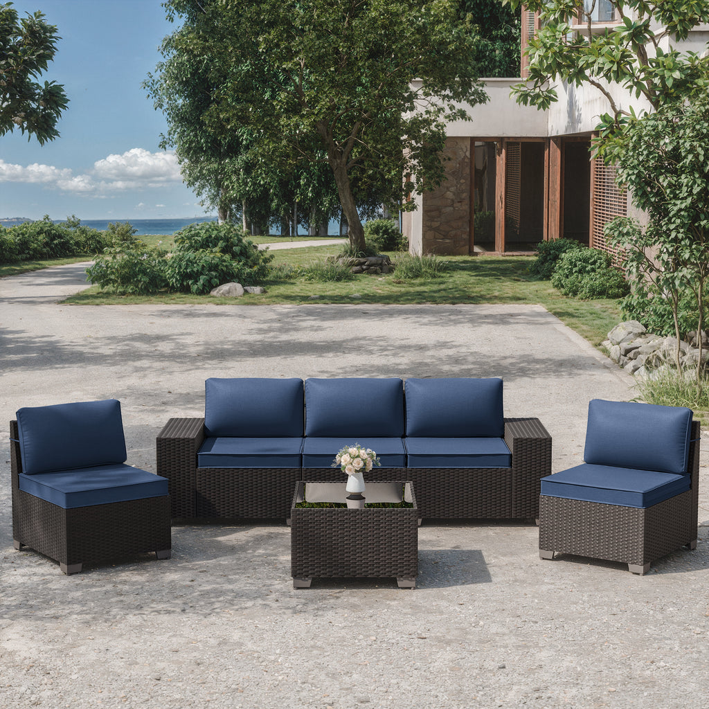 Kullavik Modern Outdoor Wicker Sofa Set PE Rattan Sectional 6 Pieces Patio Furniture - Brown All-Weather Conversation Set for Porch, Pool Deck, Garden Lounge