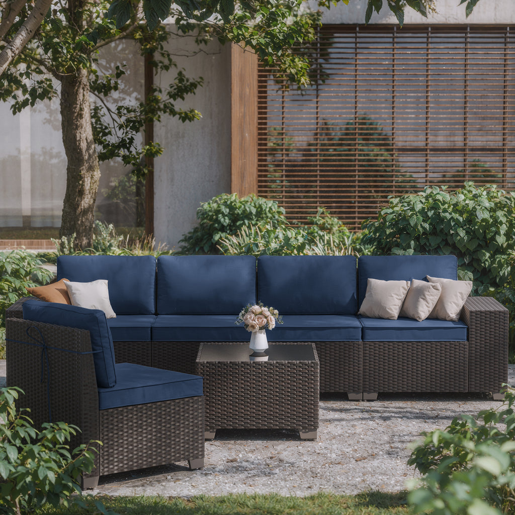 Kullavik Modern Outdoor Wicker Sofa Set PE Rattan Sectional 6 Pieces Patio Furniture - Brown All-Weather Conversation Set for Porch, Pool Deck, Garden Lounge
