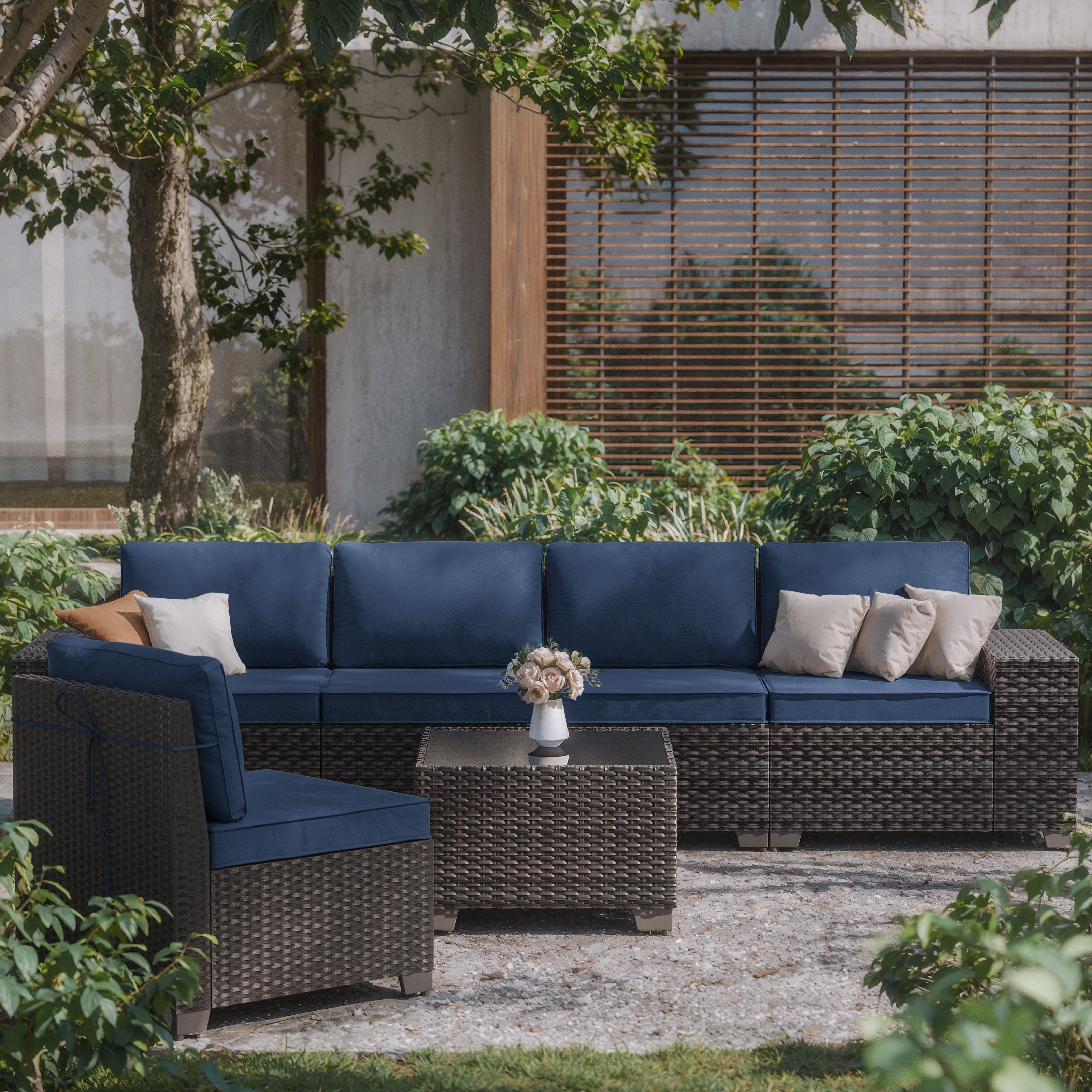 Kullavik Modern Outdoor Wicker Sofa Set PE Rattan Sectional 6 Pieces Patio Furniture - Brown All-Weather Conversation Set for Porch, Pool Deck, Garden Lounge