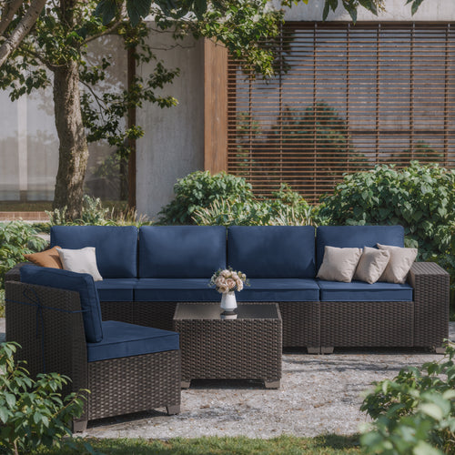 Kullavik Modern Outdoor Wicker Sofa Set PE Rattan Sectional 6 Pieces Patio Furniture - Brown All-Weather Conversation Set for Porch, Pool Deck, Garden Lounge