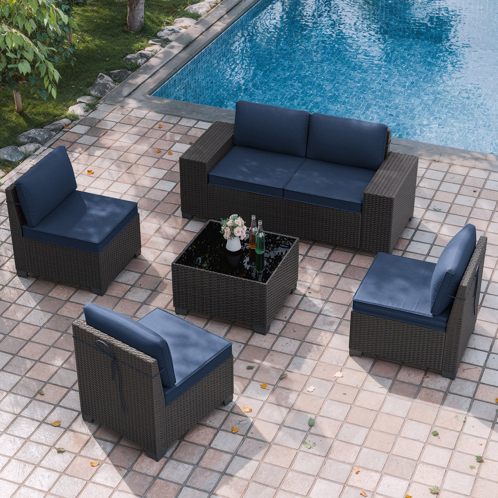 Kullavik Modern Outdoor Wicker Sofa Set PE Rattan Sectional 6 Pieces Patio Furniture - Brown All-Weather Conversation Set for Porch, Pool Deck, Garden Lounge